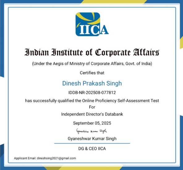 Independent Director certification from the Indian Institute of Corporate Affairs