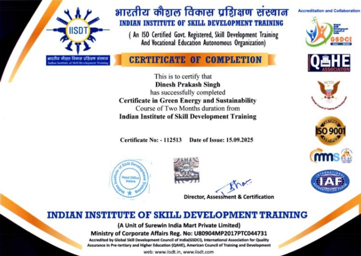 Certificate in Green Energy and Sustainability from the Indian Institute of Skill Development Training