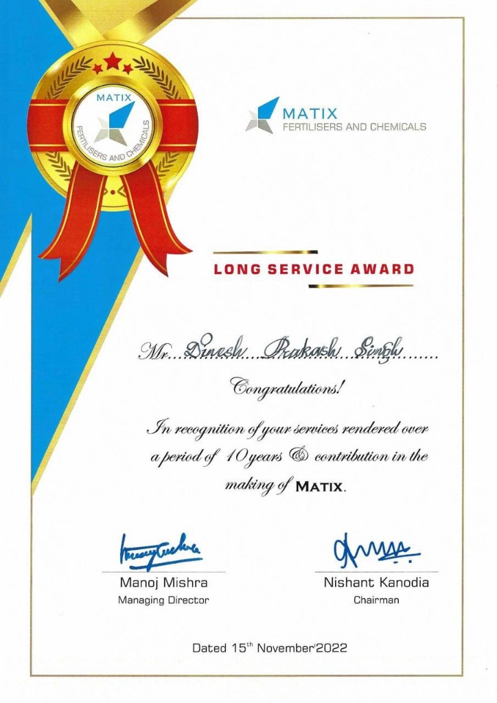Long Service Award certificate from Matix Fertilisers and Chemicals Limited